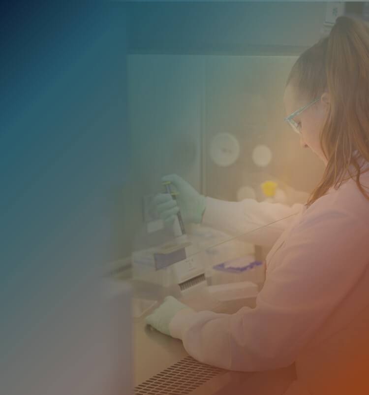 Female scientist pipetting overlayed with blue/orange gradient.