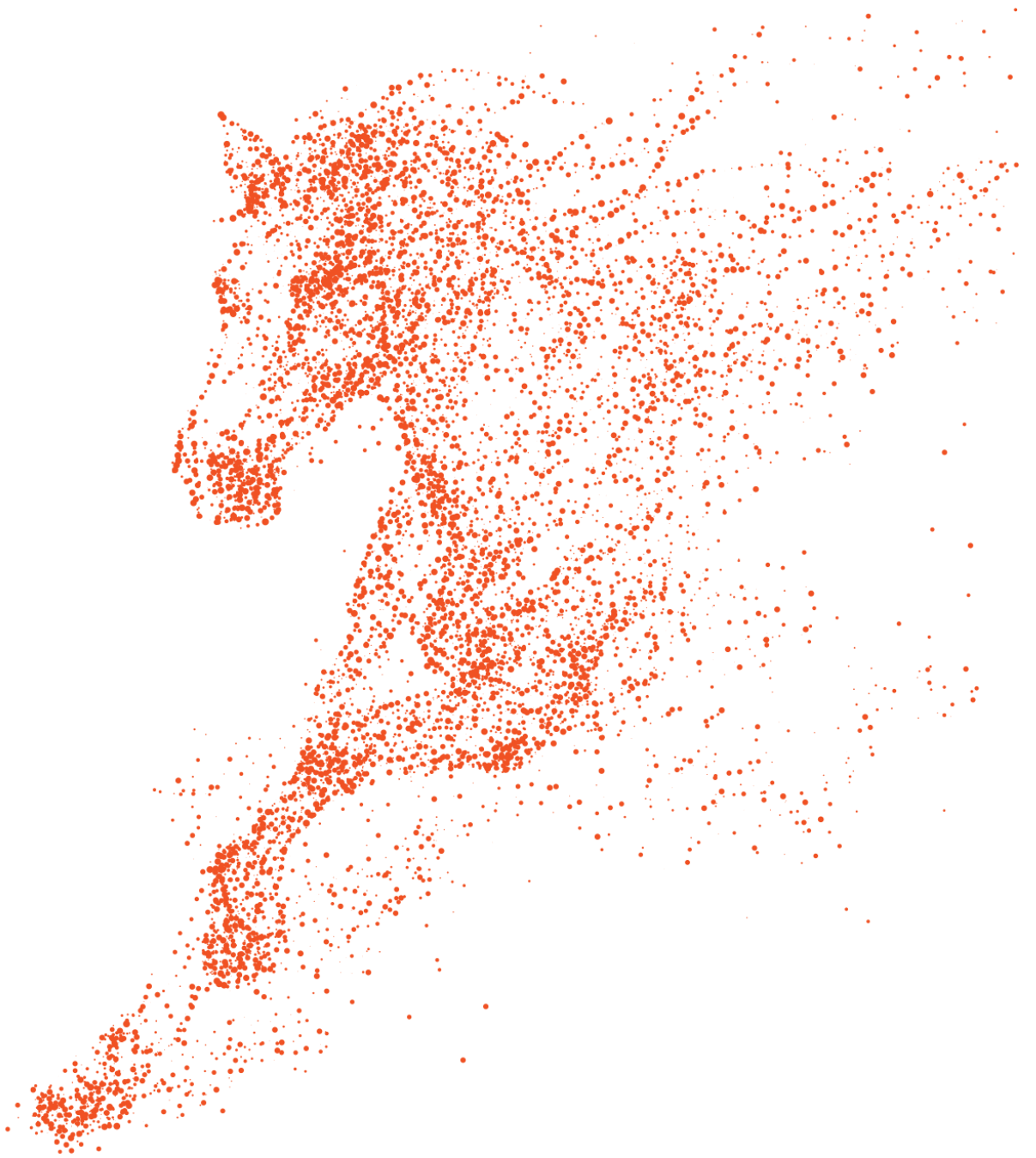Orange galloping horse composed of particles.